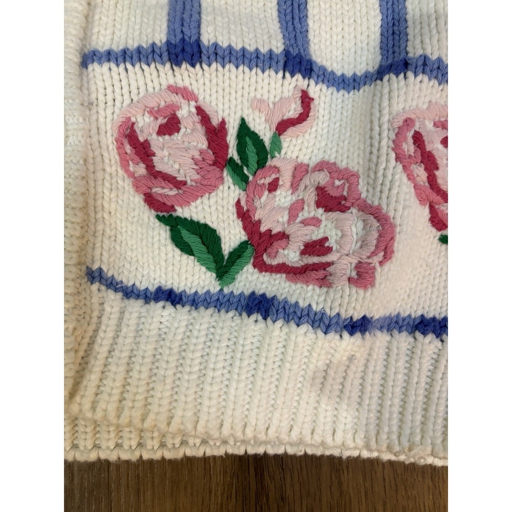 VTG All Week Long Chunky Cotton Rose Embroidered Cardigan Sweater L Cottage Core - Picture 2 of 4